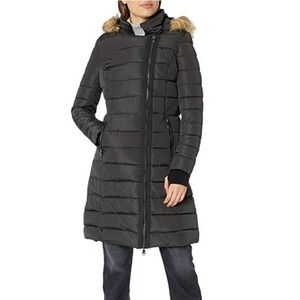 Nanette Lepore Black Puffer Coat with Faux Fur Trim